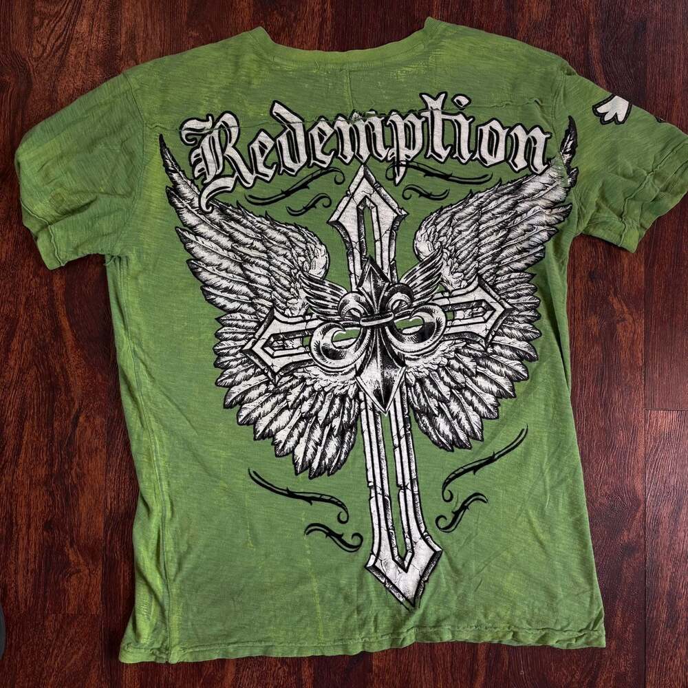 Raw State Premium Graphic Short Sleeve Henley T-Shirt with Wings and Cross Print